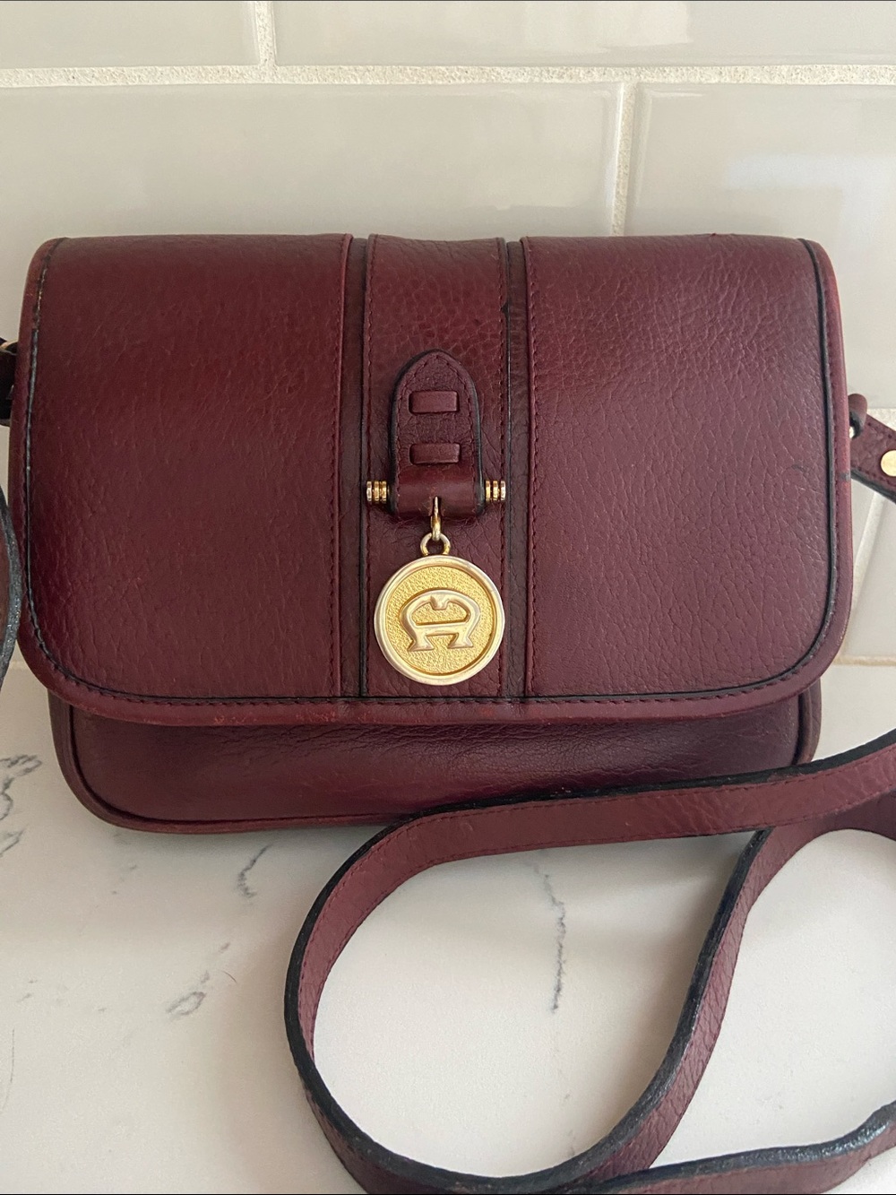 Vintage Etienne Aigner Burgundy Leather Crossbody Bag Horsebit Medallion Purse - Picture 2 of 16